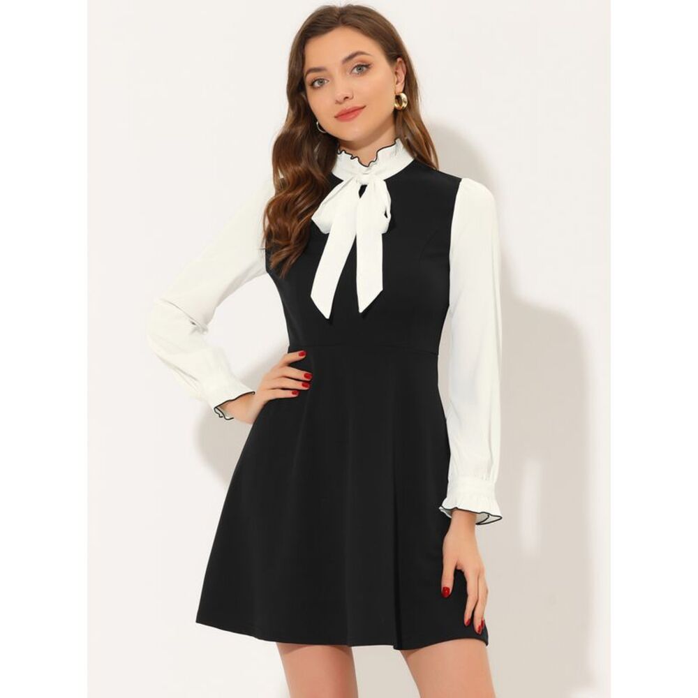 Contrast Color Dress for Women's Vintage Long Sleeve Tie Neck Black - Picture 5 of 5